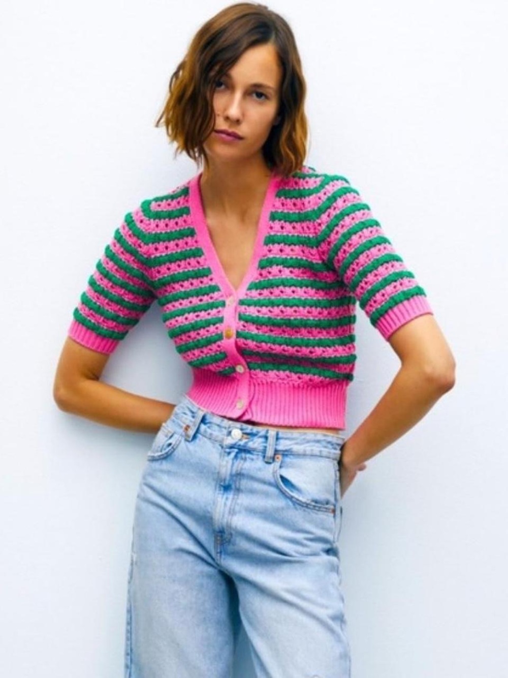 Zara Pink & Green Stripe Cropped Knit Cardigan